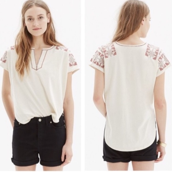 MADEWELL Short Sleeve Tee Size Medium Cream Boho Split Neck Shirt E11 - Picture 8 of 8